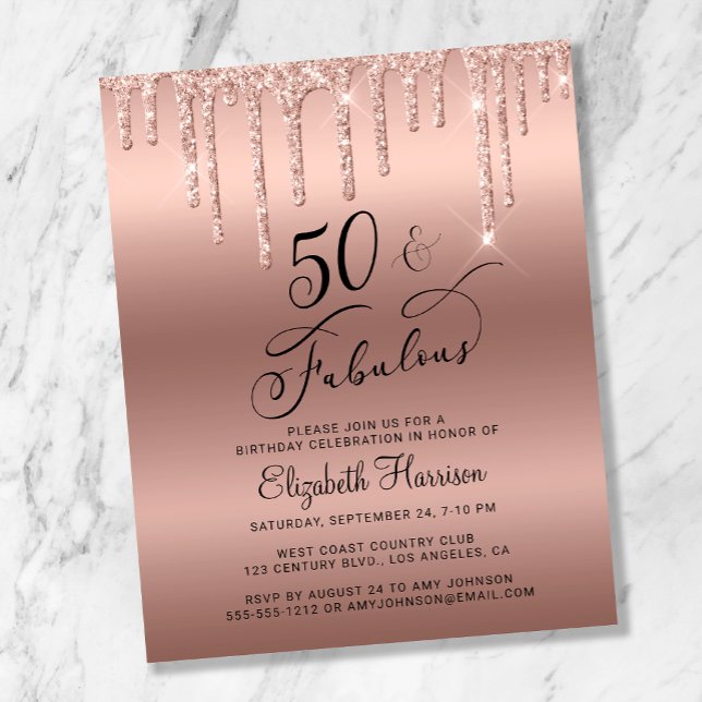 Budget Rose Gold Glitter 50th Birthday Invitation (Creator Uploaded)