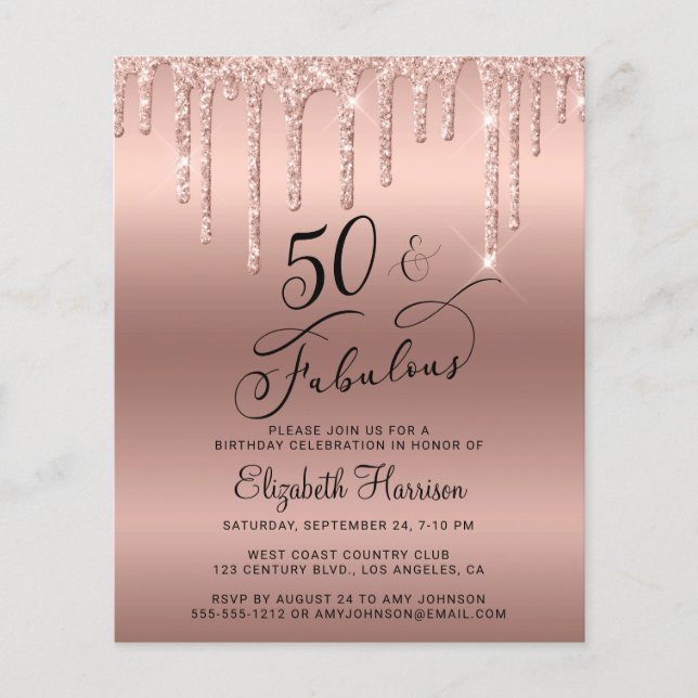 Budget Rose Gold Glitter 50th Birthday Invitation Flyer (Front)