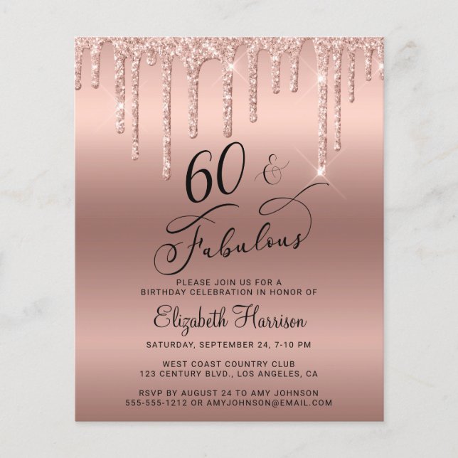 Budget Rose Gold Glitter 60th Birthday Invitation Flyer (Front)