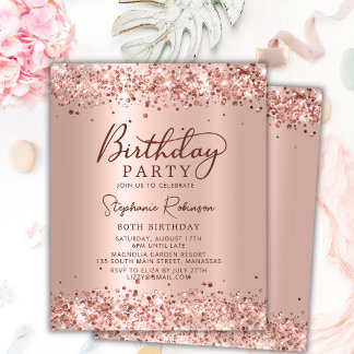 Budget Rose Gold Glitter 80th Birthday Invitation
