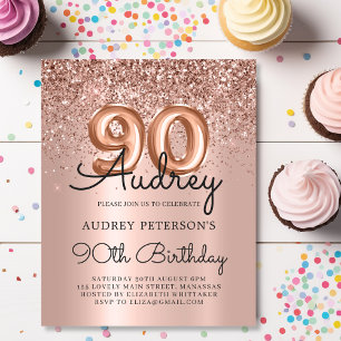 Budget Rose Gold Glitter 90th Birthday Invitation
