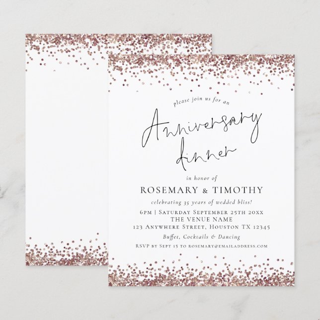 Budget Rose Gold Glitter Anniversary Dinner Invite (Front/Back)