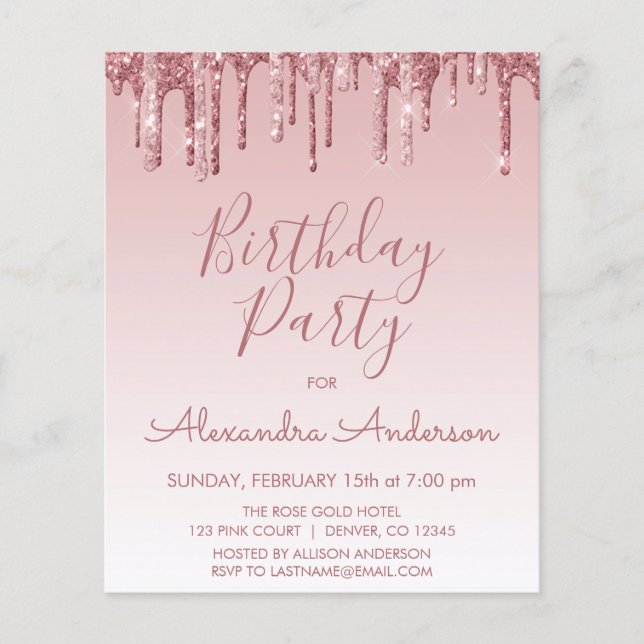 Budget Rose Gold Glitter Any Age  Birthday (Front)