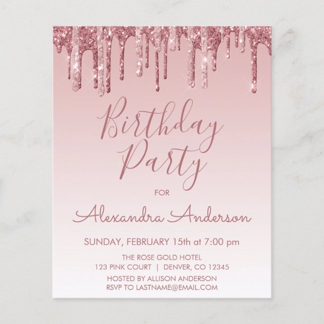 Budget Rose Gold Glitter Any Age  Birthday Flyer (Front)