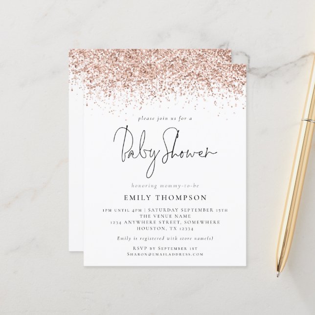 Budget Rose Gold Glitter Baby Shower Invitation (Front/Back In Situ)