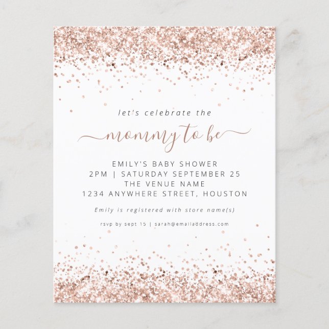 Budget Rose Gold Glitter Baby Shower Invitation (Front)