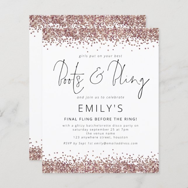 BUDGET Rose Gold Glitter Bachelorette Disco Invite (Front/Back)