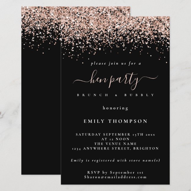 Budget Rose Gold Glitter Black Hen Party Invite (Front/Back)