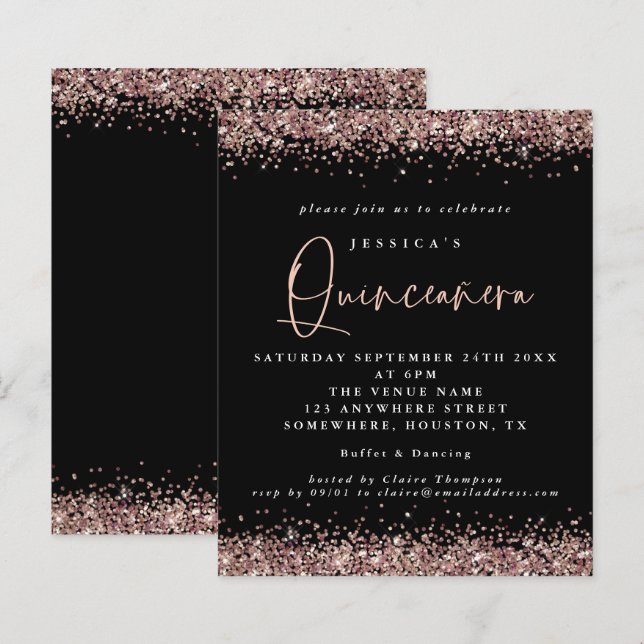 Budget Rose Gold Glitter Black Quinceanera Invite (Front/Back)