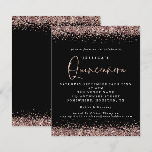Budget Rose Gold Glitter Black Quinceanera Invite