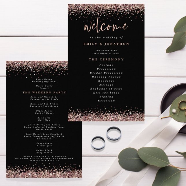 Budget Rose Gold Glitter Black Wedding Program (Creator Uploaded)
