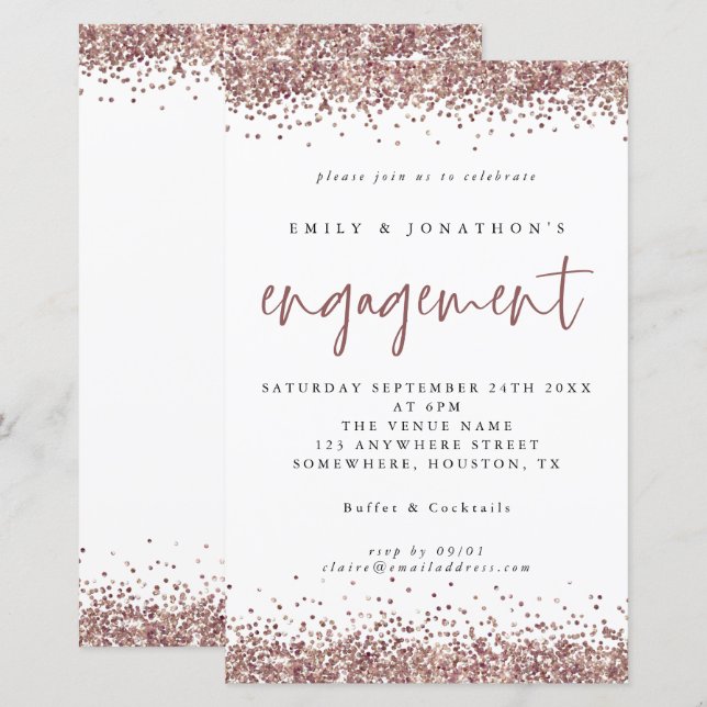 Budget Rose Gold Glitter Borders Engagement Invite (Front/Back)