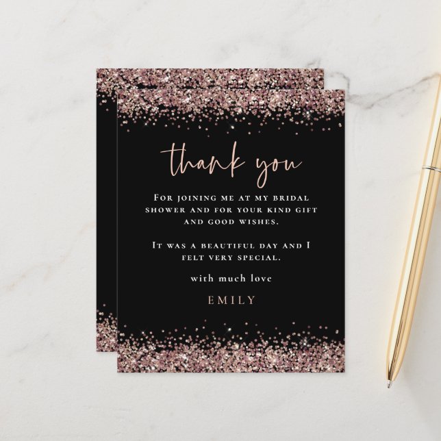 Budget Rose Gold Glitter Bridal Shower Black Thank (Front/Back In Situ)