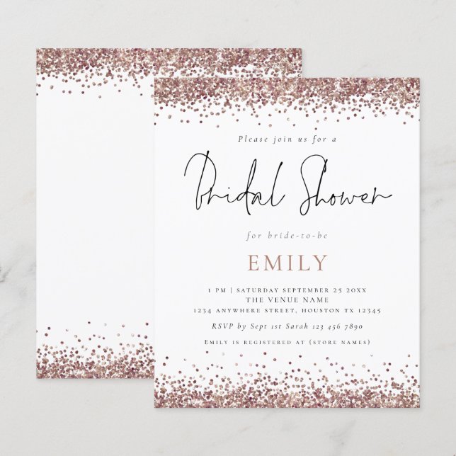 Budget Rose Gold Glitter Bridal Shower Invitation (Front/Back)