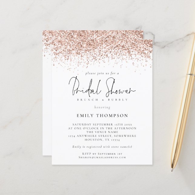 Budget Rose Gold Glitter Bridal Shower Invitation (Front/Back In Situ)