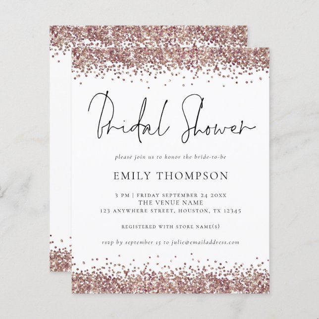 Budget Rose Gold Glitter Bridal Shower Invitation (Front/Back)