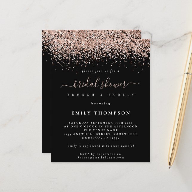 Budget Rose Gold Glitter Bridal Shower Invitation (Front/Back In Situ)