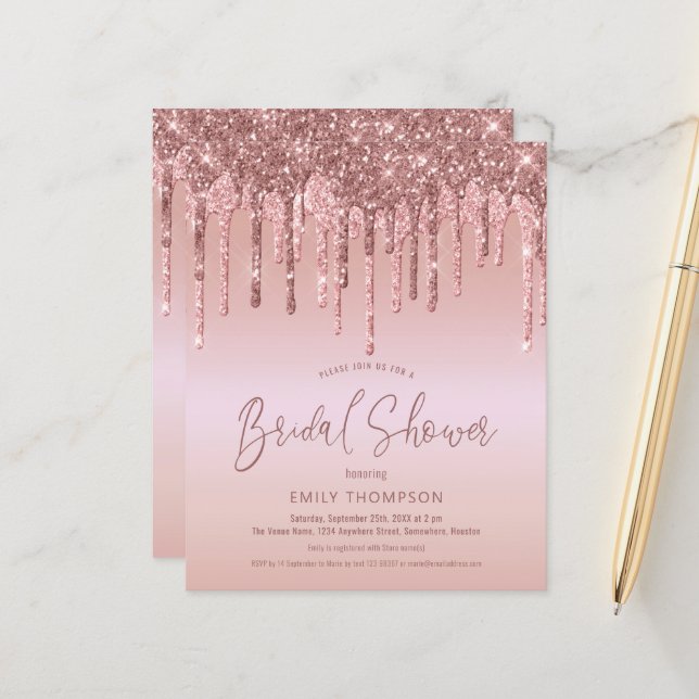 Budget Rose Gold Glitter Bridal Shower Invitation (Front/Back In Situ)