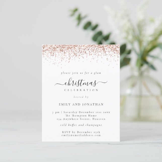 Budget Rose Gold Glitter Christmas Party Invite (Standing Front)