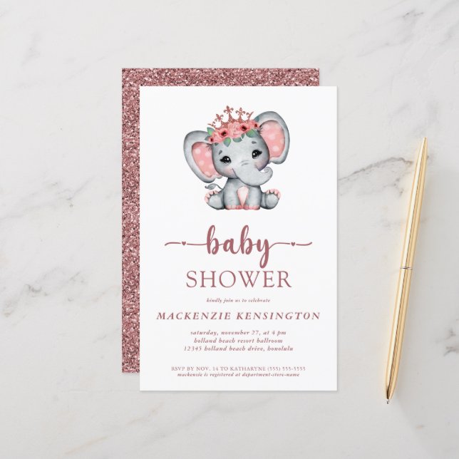 Budget Rose Gold Glitter Cute Elephant Baby Girl (Front/Back In Situ)