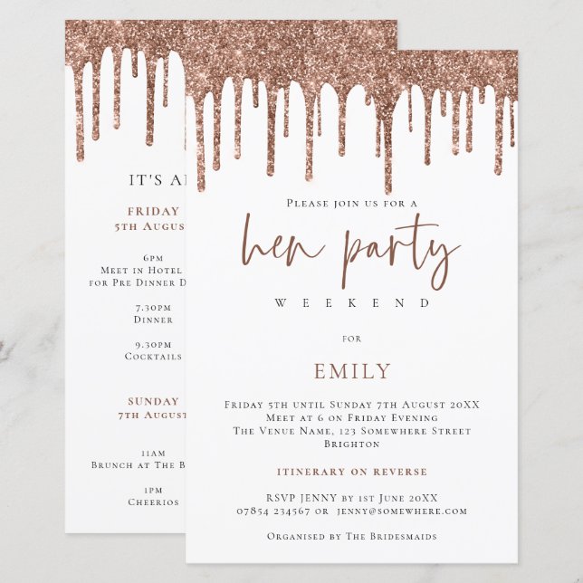 Budget Rose Gold Glitter Drip Hen Weekend Invite (Front/Back)