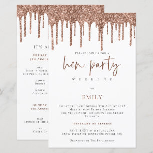 Budget Rose Gold Glitter Drip Hen Weekend Invite