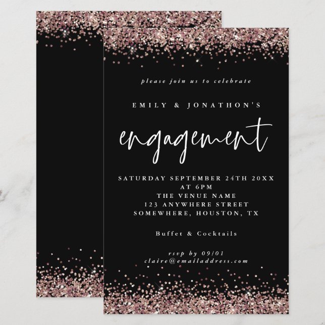 Budget Rose Gold Glitter Engagement Black Invite (Front/Back)