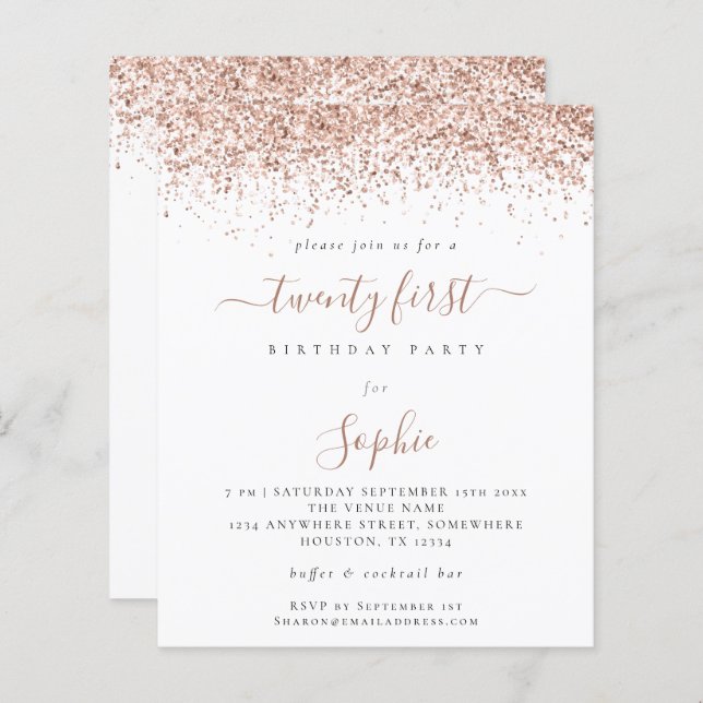 Budget Rose Gold Glitter Girly 21st Party Invite (Front/Back)