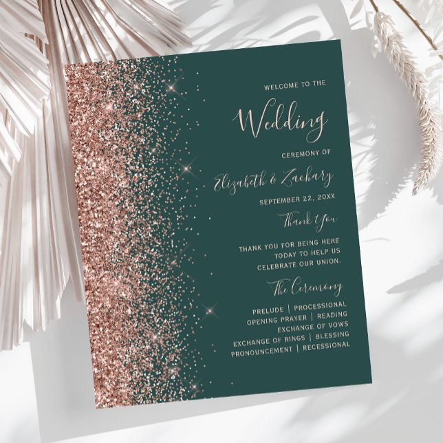 Budget Rose Gold Glitter Green Wedding Program (Creator Uploaded)
