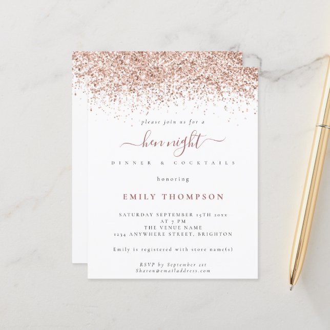 Budget Rose Gold Glitter Hen Night White Invite (Front/Back In Situ)
