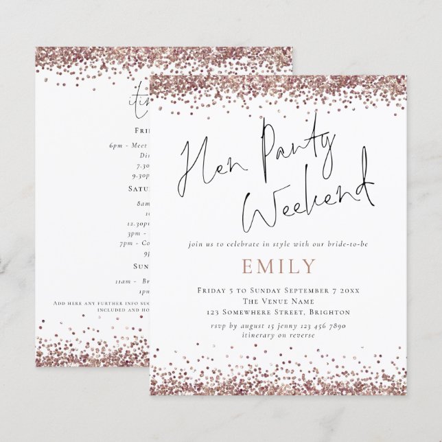 Budget Rose Gold Glitter Hen Party Weekend  (Front/Back)