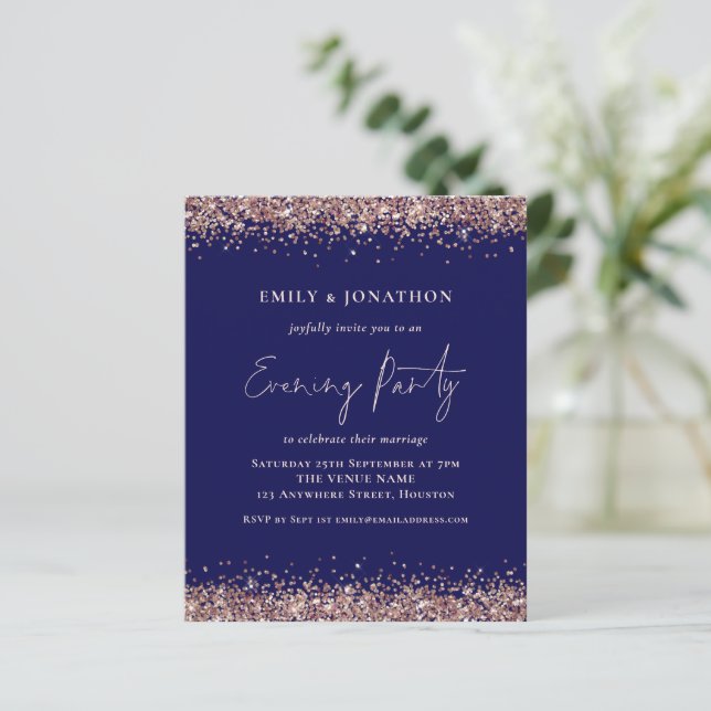 BUDGET Rose Gold Glitter Navy Evening Party Invite (Standing Front)