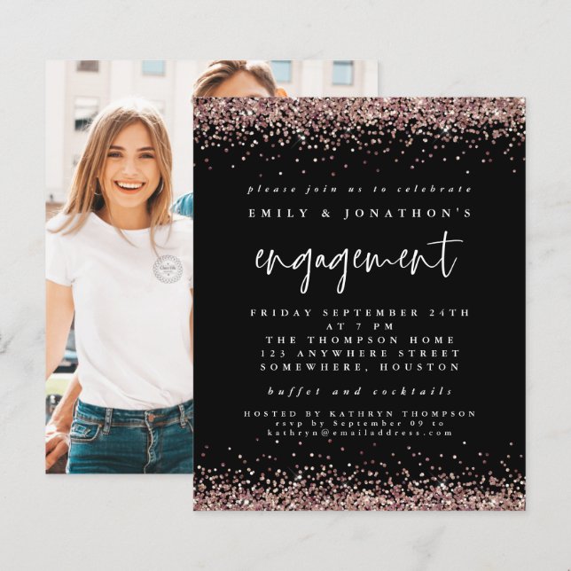 Budget Rose Gold Glitter Photo Engagement Black (Front/Back)