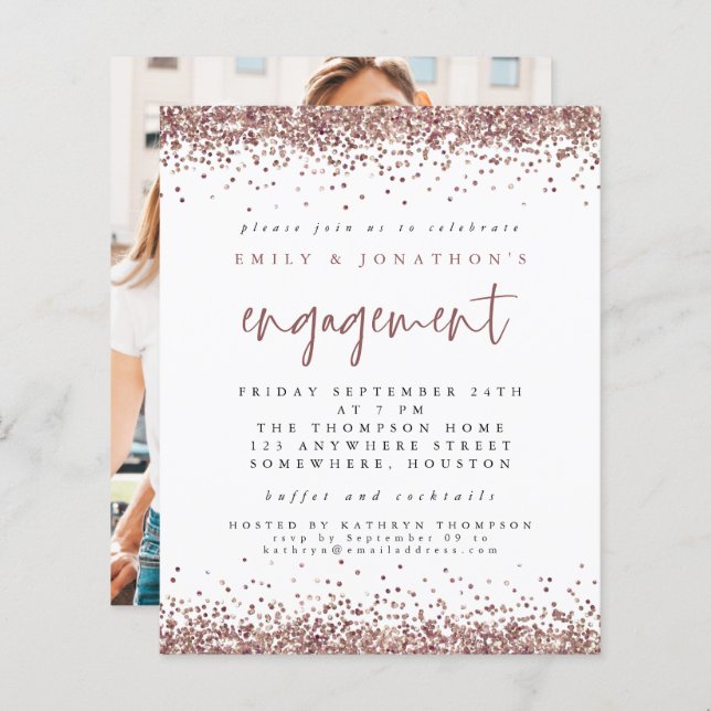 Budget Rose Gold Glitter Photo Engagement Invite (Front/Back)