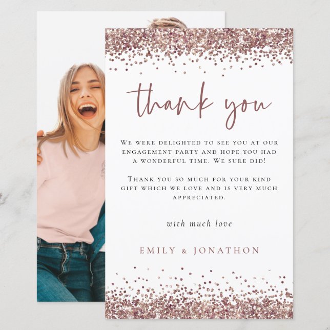 Budget Rose Gold Glitter Photo Engagement Thanks (Front/Back)