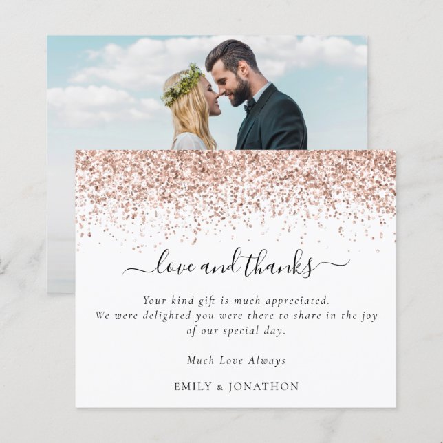Budget Rose Gold Glitter Photo Wedding Thank You (Front/Back)
