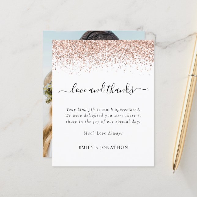 Budget Rose Gold Glitter Photo Wedding Thanks (Front/Back In Situ)
