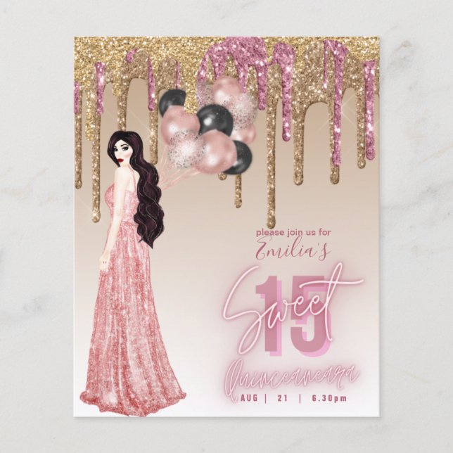 Budget Rose Gold Glitter Quinceanera Brunette      Flyer (Front)