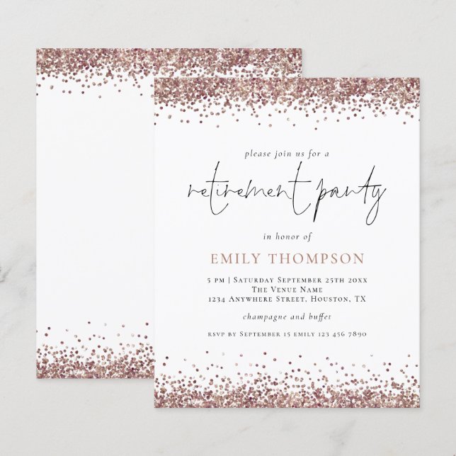 Budget Rose Gold Glitter Retirement Party Invite (Front/Back)