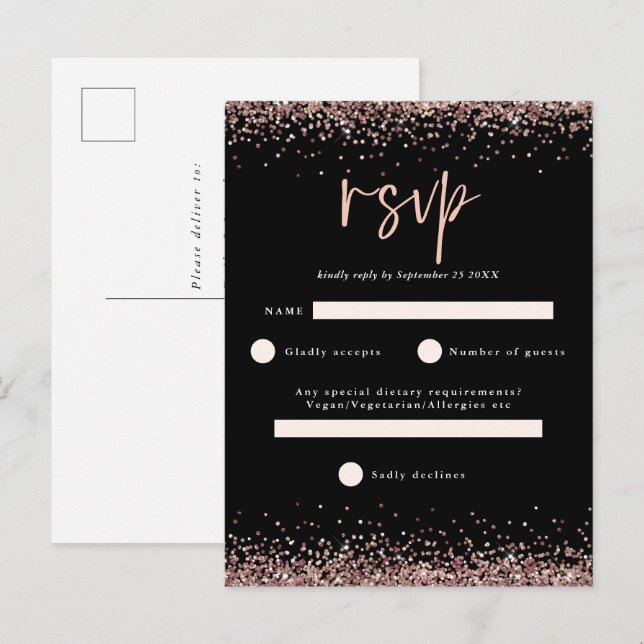 Budget Rose Gold Glitter Script Black Wedding RSVP Postcard (Front/Back)