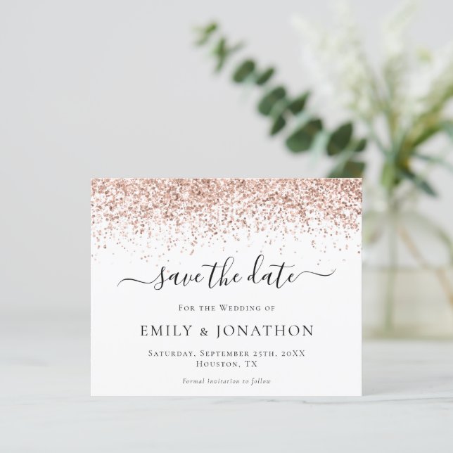 Budget Rose Gold Glitter Script Save the Date  (Standing Front)