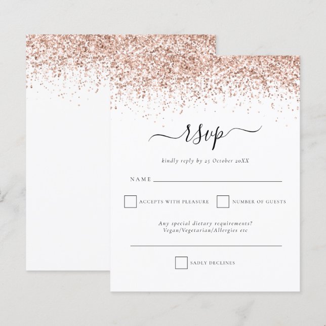 Budget Rose Gold Glitter script Wedding RSVP (Front/Back)