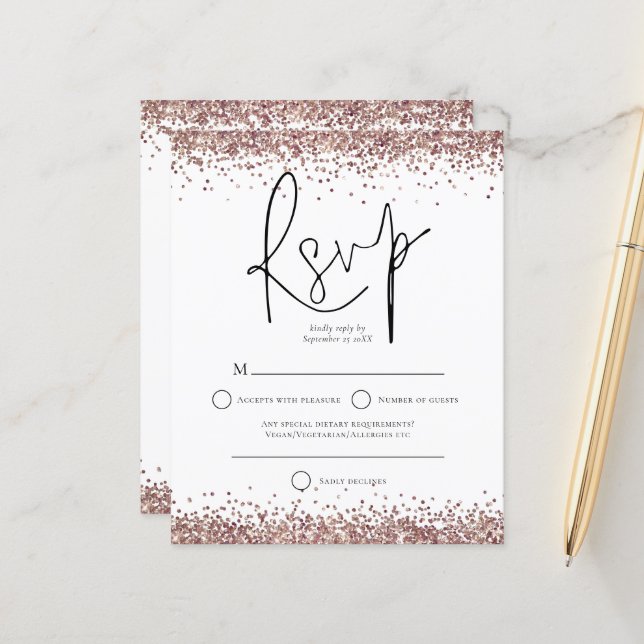 Budget Rose Gold Glitter Script Wedding RSVP (Front/Back In Situ)