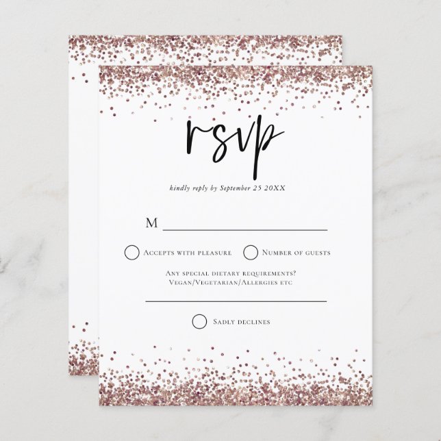 Budget Rose Gold Glitter Script Wedding  RSVP (Front/Back)