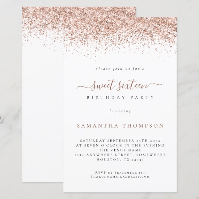 Budget Rose Gold Glitter Sweet 16 Birthday Invite (Front/Back)