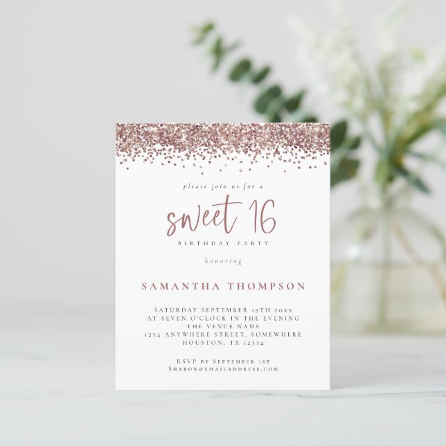 Budget Rose Gold Glitter Sweet 16 Invitation (Standing Front)