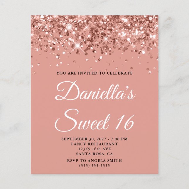 Budget Rose Gold Glitter Sweet 16 Invitation (Front)