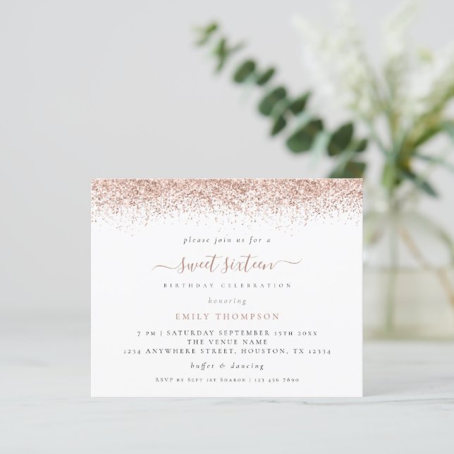 Budget Rose Gold Glitter Sweet 16 Party Invitation (Standing Front)