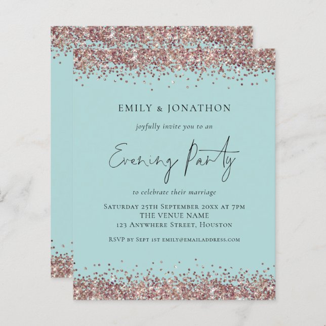 BUDGET Rose Gold Glitter Teal Evening Invitation (Front/Back)