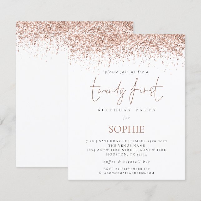 Budget Rose Gold Glitter Twenty First Party Invite (Front/Back)